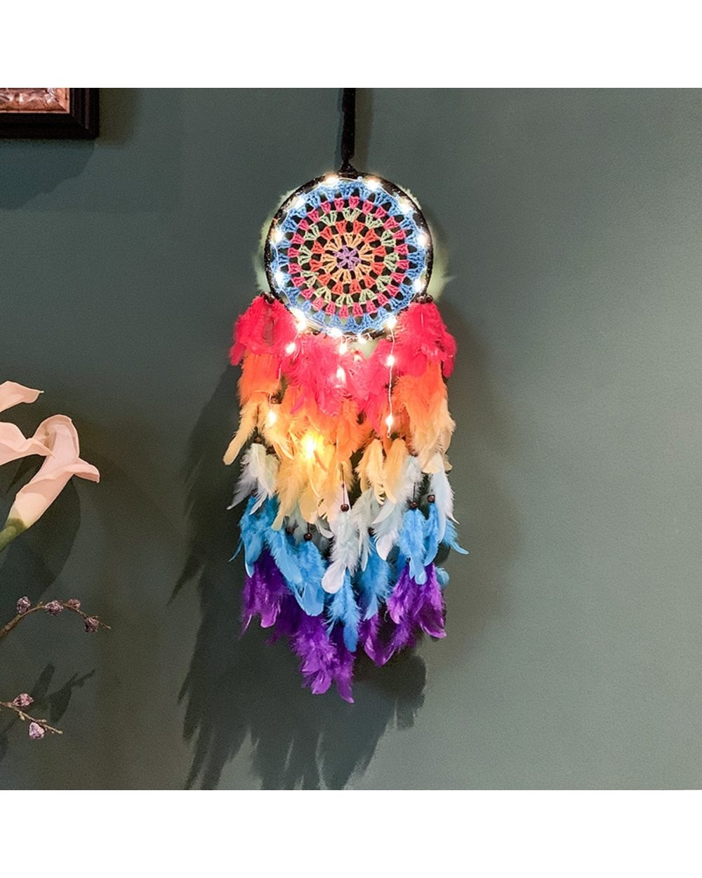 Rainbow Dream Catcher With Natural Feather Boho Home Decor Girls Kids Room Decoration With Light Gift VG06 front-0