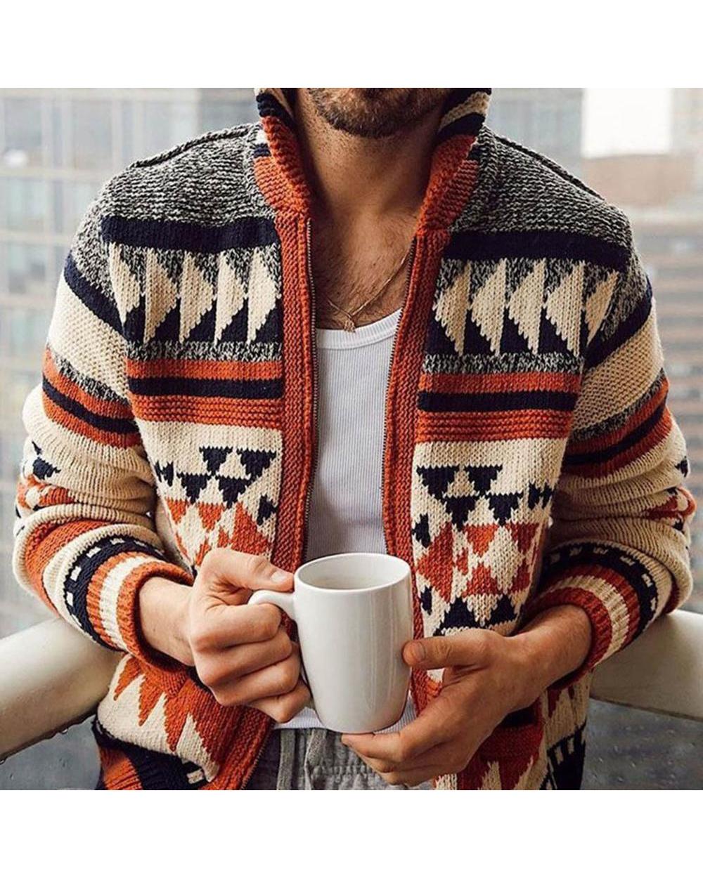 New autumn and winter jacket sweater men's long-sleeved cardigan jacquard knitted sweater men's jacket lapel warm front-0