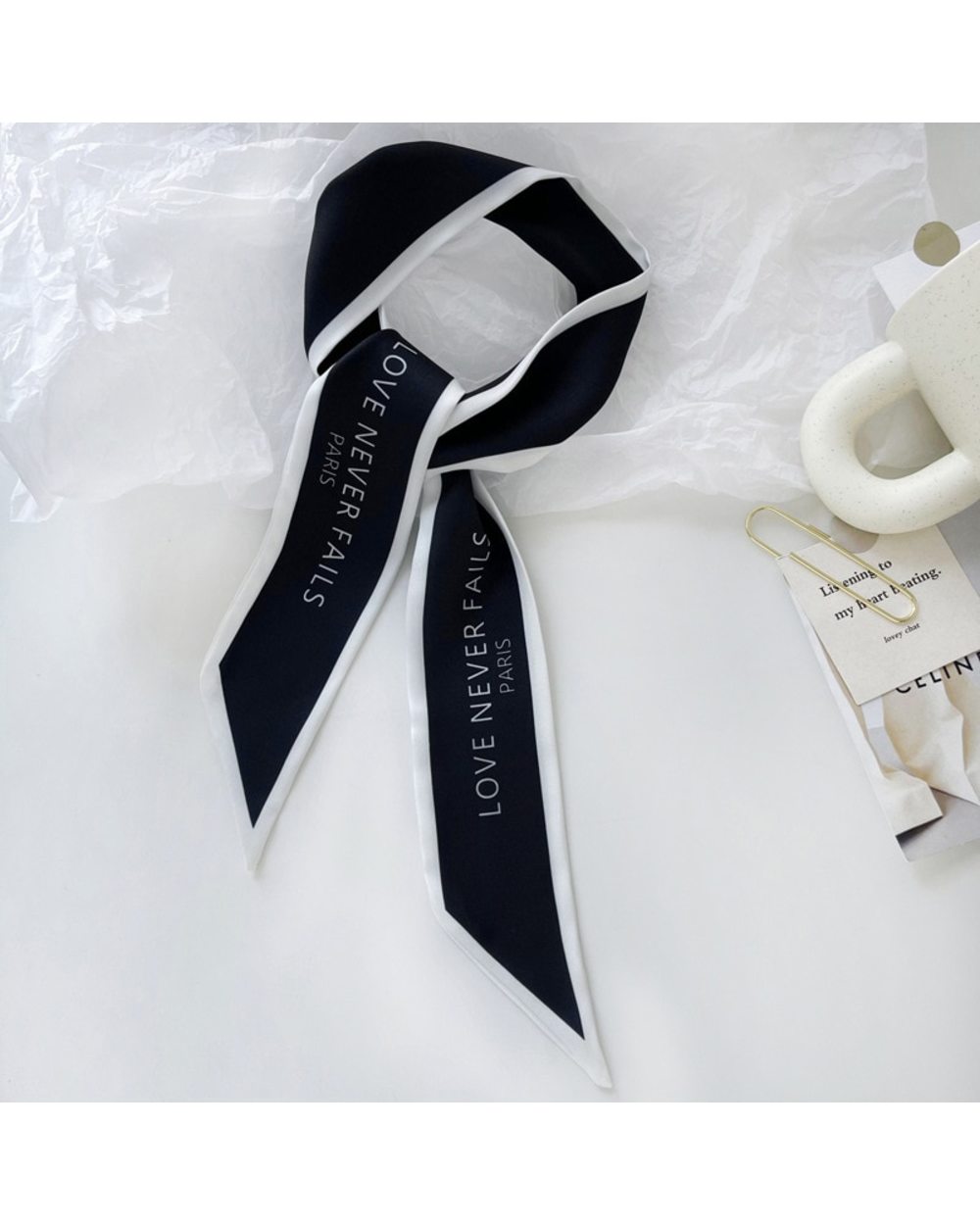 Elegant Women Narrow Long Scarf 100X6cm Chic French Gentle Elegant Chiffon Silk Tie Letter Print Bag Ribbon Headband Ch front-4