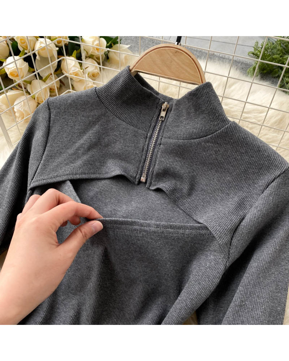 Foamlina Women Knitted Bodysuits 2020 Autumn Sexy Club Outfits Zip-up Stand Collar Long Sleeve Hollow Out Slim Body Tops front-3