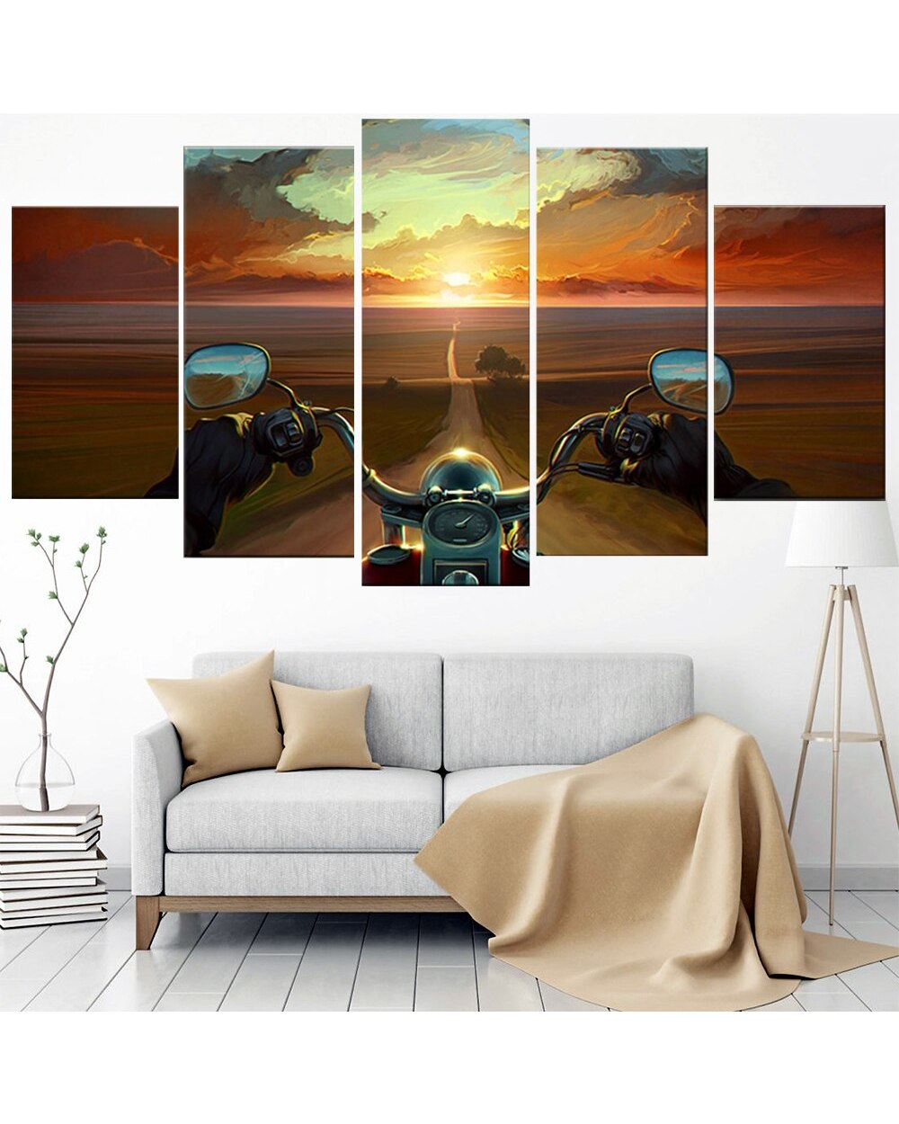 Motorcycle Poster Country Road Picture Print Motorcycle 5 Panel Canvas Art Wall Decor front-0