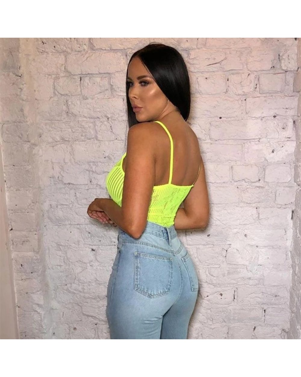 OMSJ Newest Women Neon Green Orange Stripe Lace Bodysuit One Piece Sheer Sexy Floral Embroidery Playsuit Night Out outfi front-3