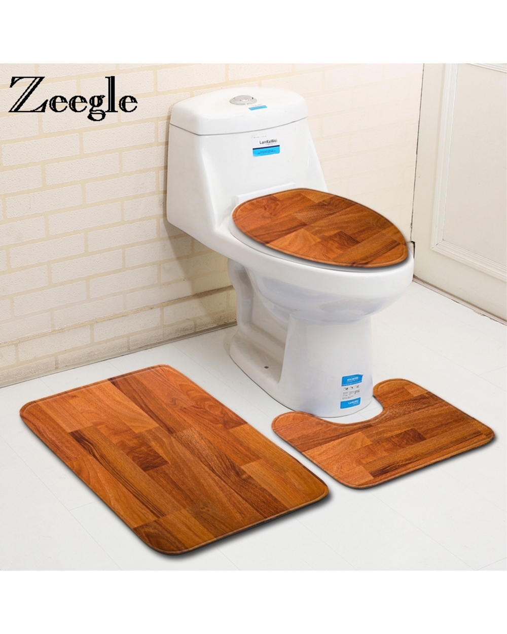 Zeegle 3Pcs Carpet For Bathroom Wood Printed Bath Mat 3Pcs Mats For Toilet Absorbent Bath Rugs Toilet Lid Cover Doormats front-0