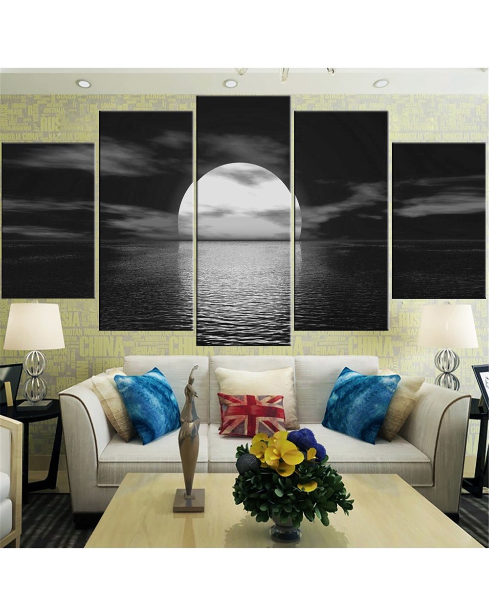 Sunrise Black And White Style Picture Print Scenery 5 Panel Canvas Art Wall Decor front-0