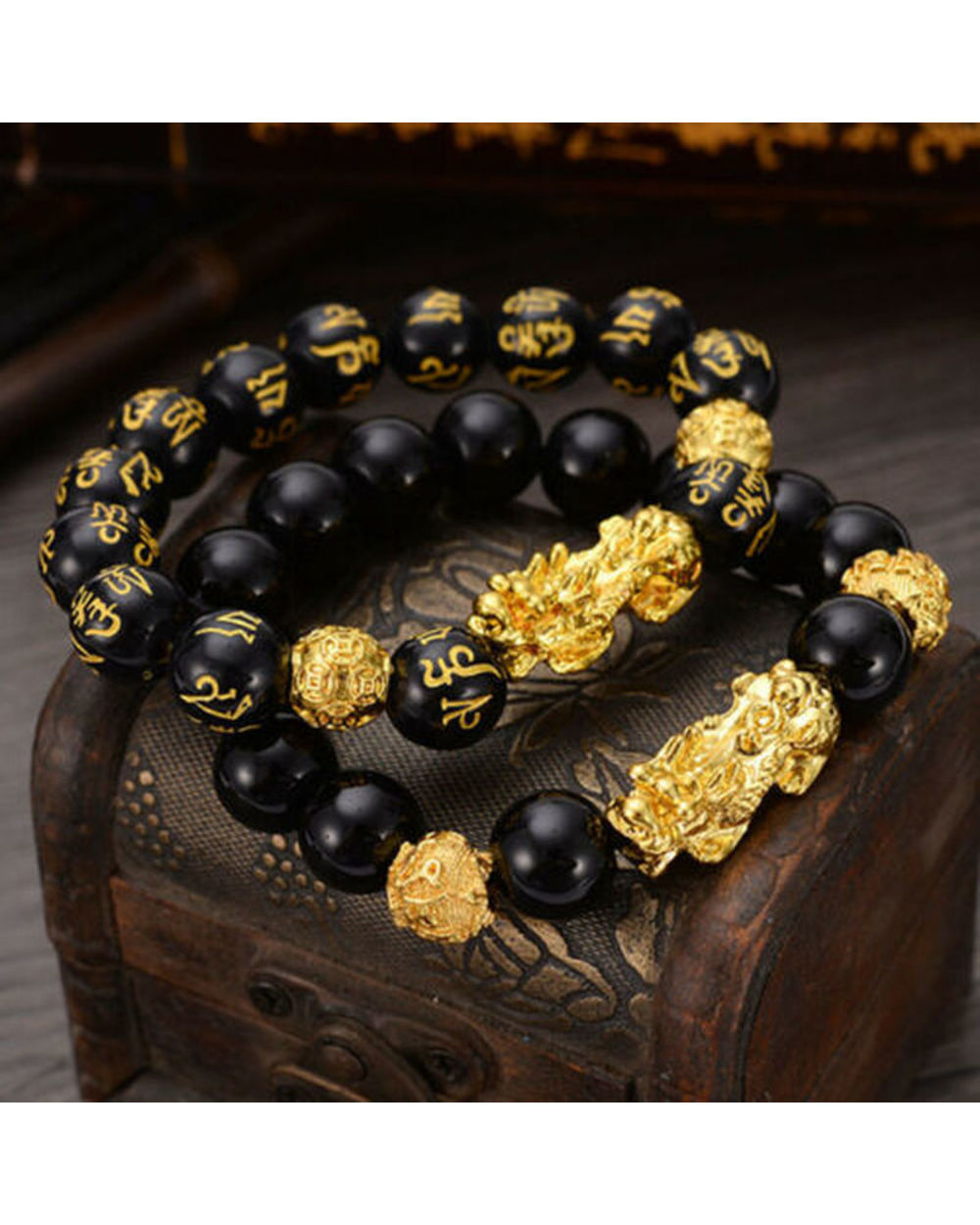 Bluestar Feng Shui Stone Bracelet Men Women Unisex Beads Wristband Gold Black Pixiu Wealth And Good Luck Women Bracelet front-0