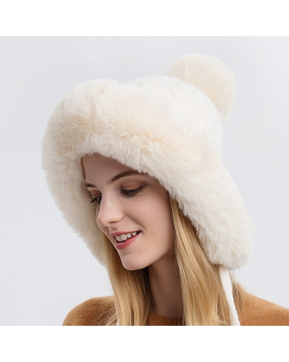 Winter Warm Knitted Hat Fur Women Hat With Earflap Two Balls Lady Outdoor Thicken Plush Fluffy Cap Russian Hats For Wom front-2
