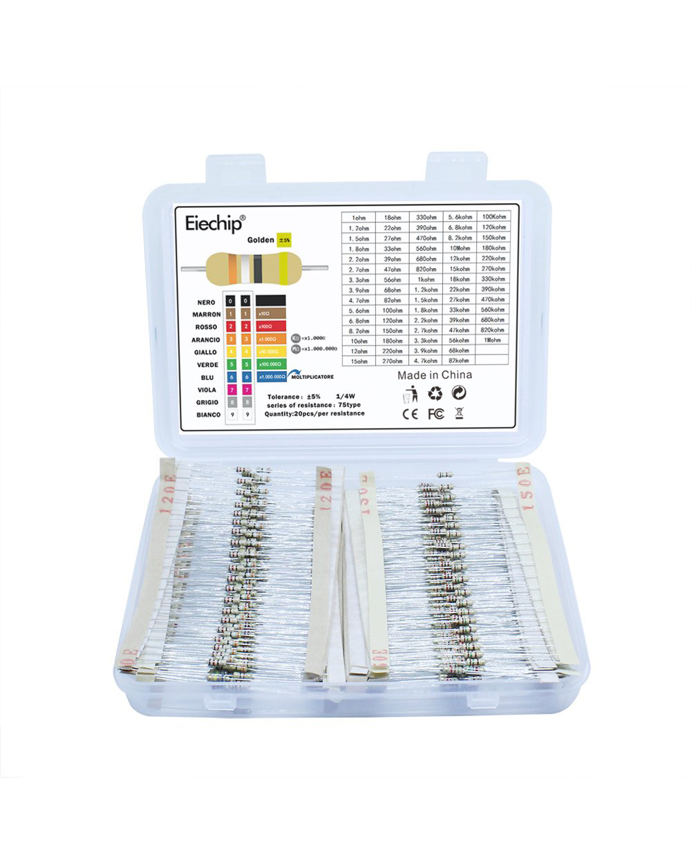1500Pcs/Lot 1/4 Power Carbon Film Resistor Assortment Kit 75Values 1 Ohm - 10M Ohm Resistance 5% Electronic Resistors S front-2