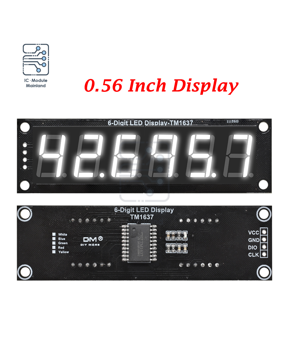 Tm1637 6-Digit 0.36/0.56 Inch 7 Segments Digital Tube Clock Module Blue Yellow White Green Red Led Display For Arduino front-5
