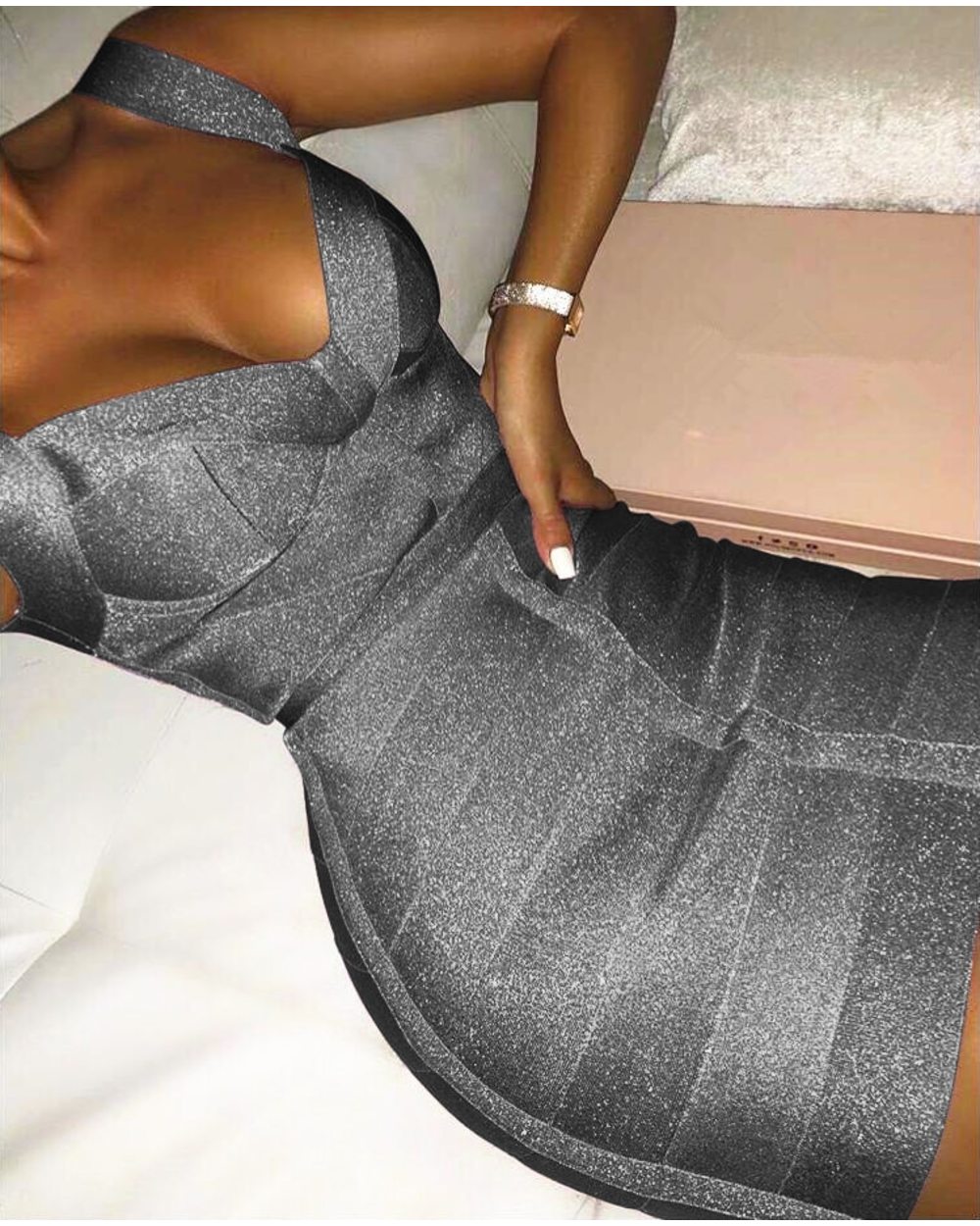 Ladies Sexy V Neck Backless Purple Shining Women Bandage Dress 2021 Designer Fashion Sparkly Party Dress front-1