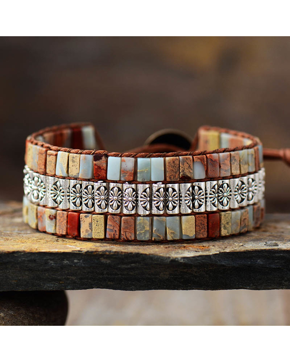 Handmade Wrap Bracelet Turquoises Antique Metal Beads Weaving Statement Wristband Bracelet WCS front-5