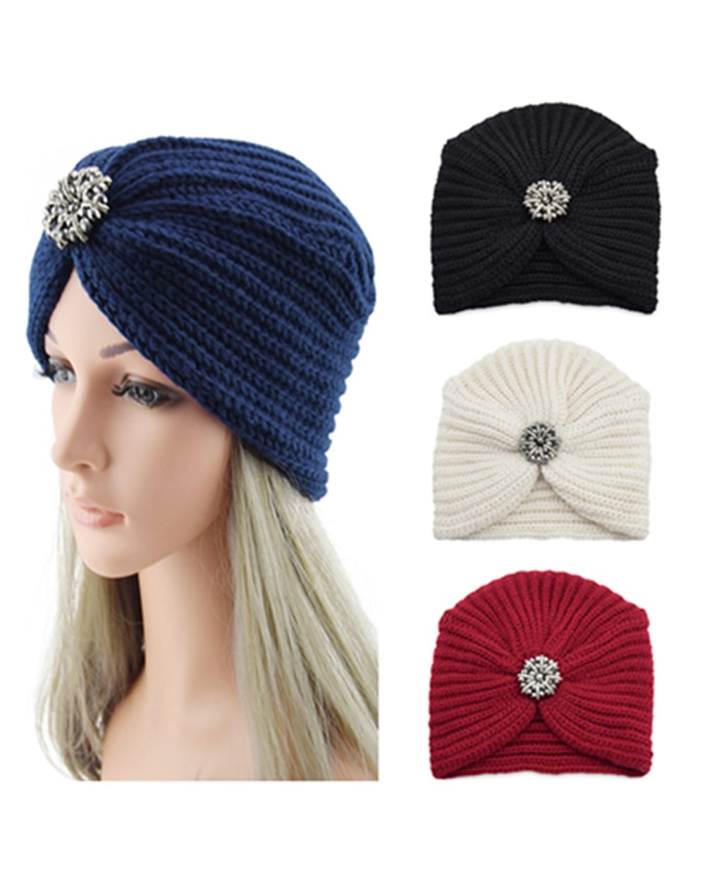 Bohemian Style Winter Woolen Flower Drill Belt Knitted Hat European And American Women Turbans Cap front-1