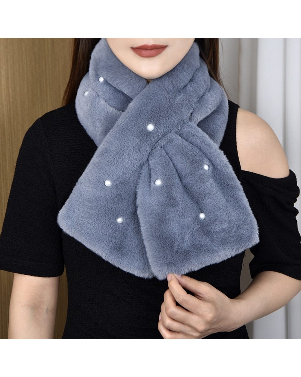 Korean Solid Double Sided Faux Rabbit Fur Thick Plush Shawl Female Winter Oudoor Windproof Pearl Cross Neck Guard Warm front-0