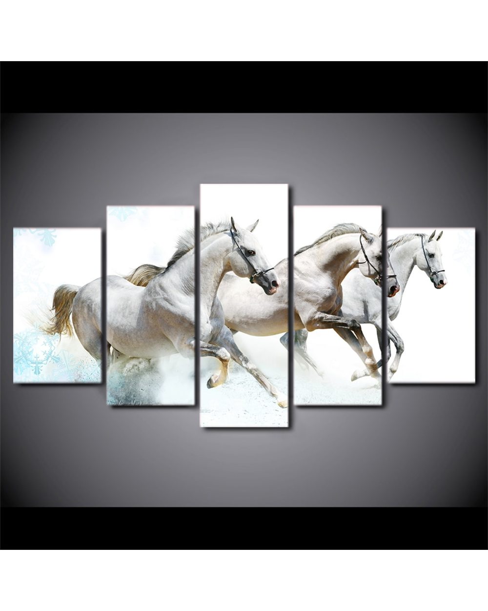 Running White Horses Carving on water Picture Animal 5 Panel Canvas Art Wall Decor front-1