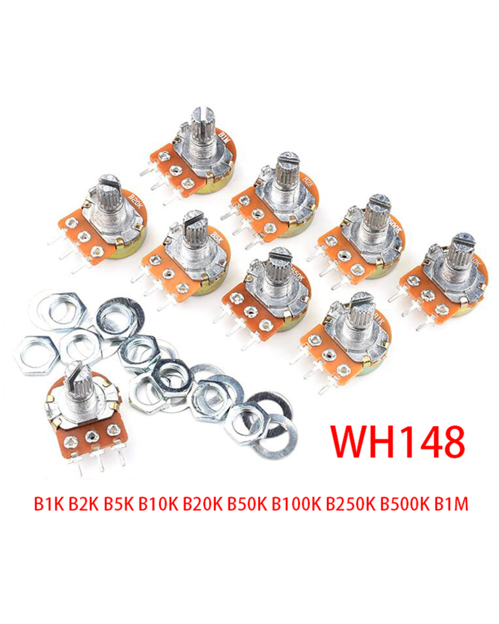 10Pcs Wh148 Linear Potentiometer 15Mm Shaft With Nuts And Washers 3Pin Wh148 B1k B2k B5k B10k B20k B50k B100k B250k B50 front-0