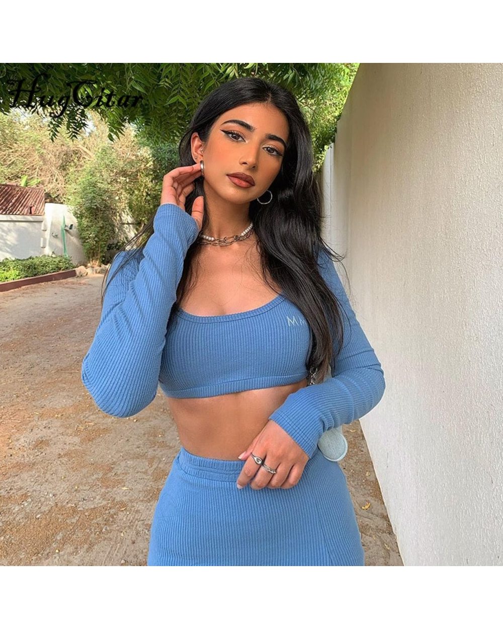 Hugcitar Solid Navel Low Neck Bodycon Top Sexy Mini Dress Set Summer Women Fashion Streetwear Outfits Y2K front-4