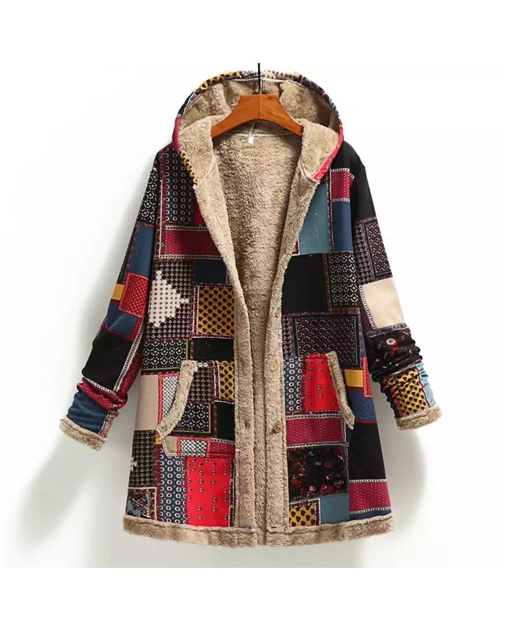 Winter Vintage Women Coat Warm Printing Thick Fleece Hooded Long Jacket with Pocket Ladies Outwear Loose Coat front-0