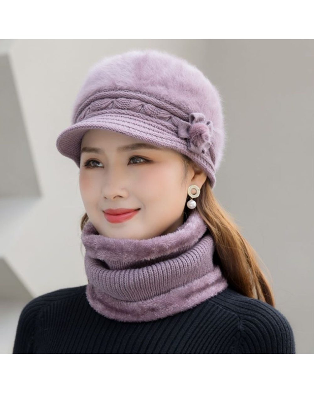 Winter Hat Female Knitted Rabbit Fur Hat Bib Glove Suit Flower Beret Middle-Aged Elderly Plus Velvet Warm Cap A Gift Fo front-5
