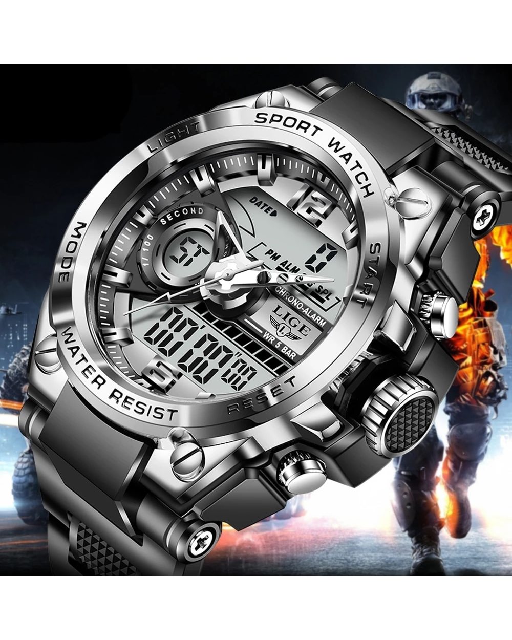 LIGE Sport Men Quartz Digital Watch Creative Diving Watches Men Waterproof Alarm Watch Dual Display Clock front-5