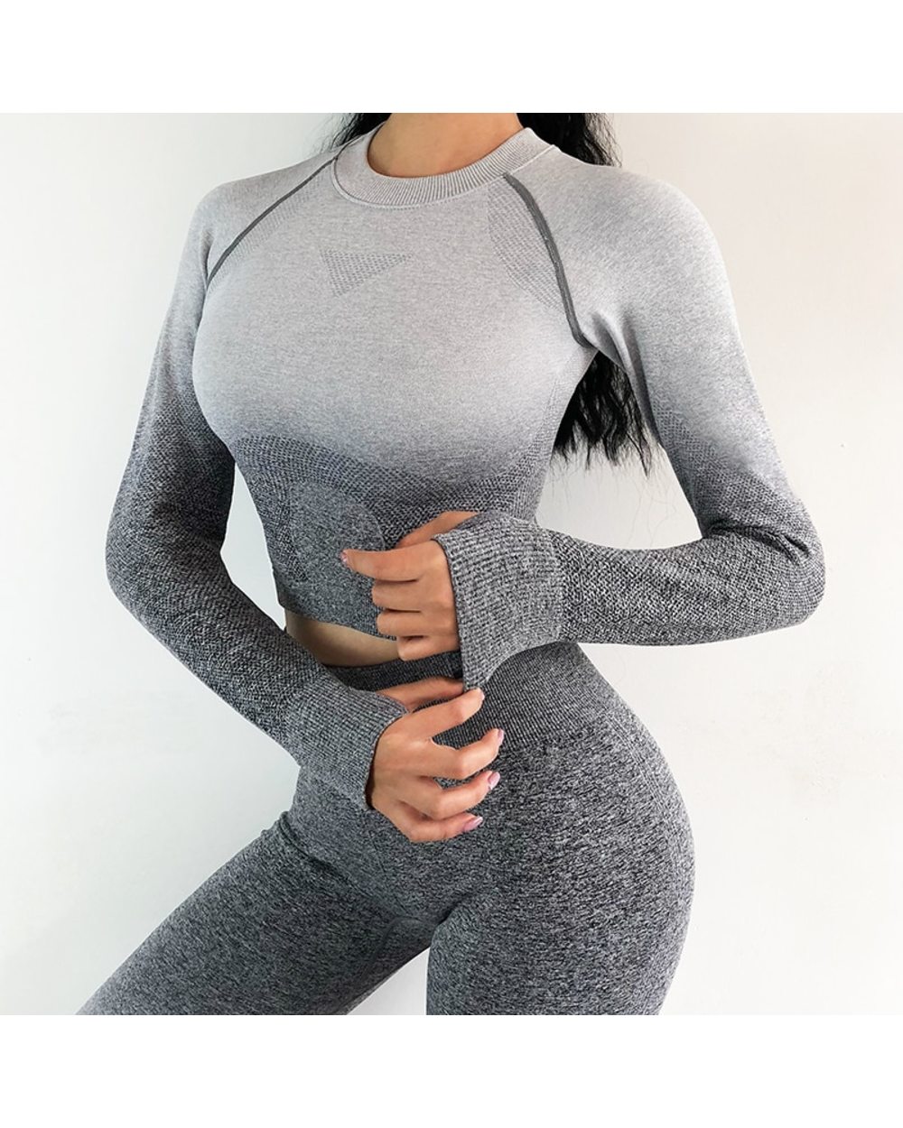 Long Sleeve Yoga Pant Set Women High Waisted Tummy Control Sport Leggings Seamless Gym Clothing front-2