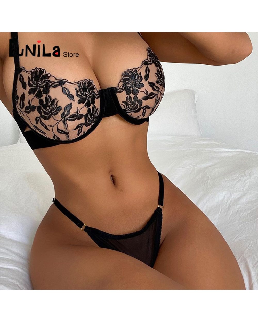 Set Lingerie Women Black Floral Underwear Push Up Bra Embroidery Flower See Through Lengerie Sex Wear front-5