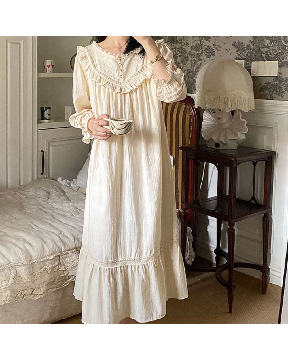 Pure Cotton Vintage Nightgowns Women Robe Nightie Long Victorian Romantic Princess Sleepwear Nightdress front-1