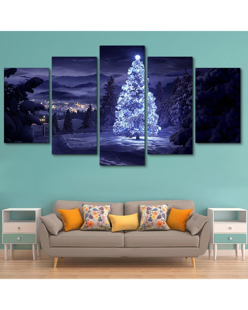 Glittering Christmas Tree Modern Picture Print Christmas 5 Panel Canvas Art Wall Decor front-0