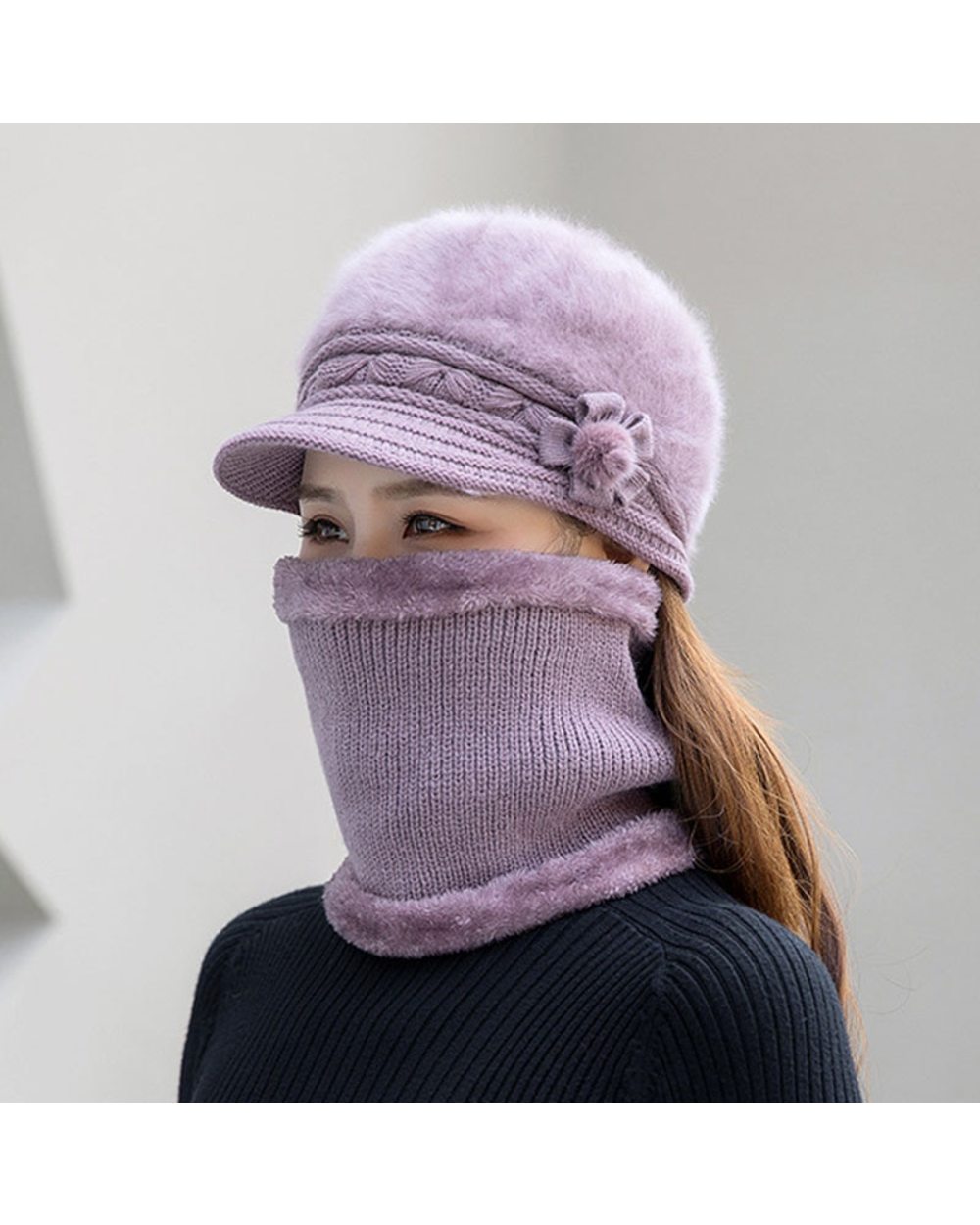 Brand Autumn Winter Beanies Caps Women Warm Wool Elegant Flowers Knitted Hat Scarf Set Female Rabbit Hair Windproof Vel front-1