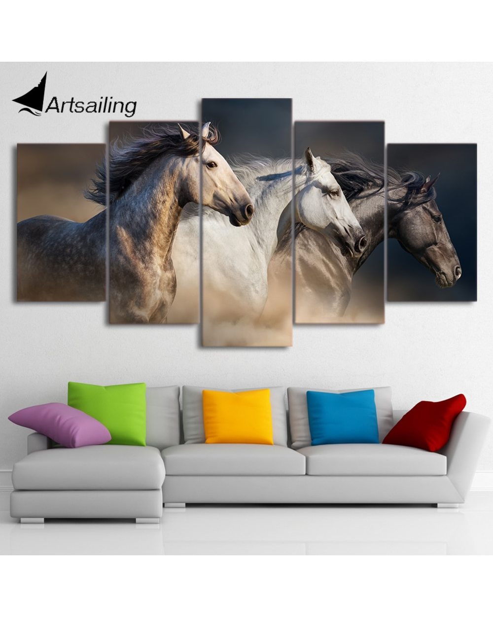 Running White Horse Painting Animal Print Animal 5 Panel Canvas Art Wall Decor front-3