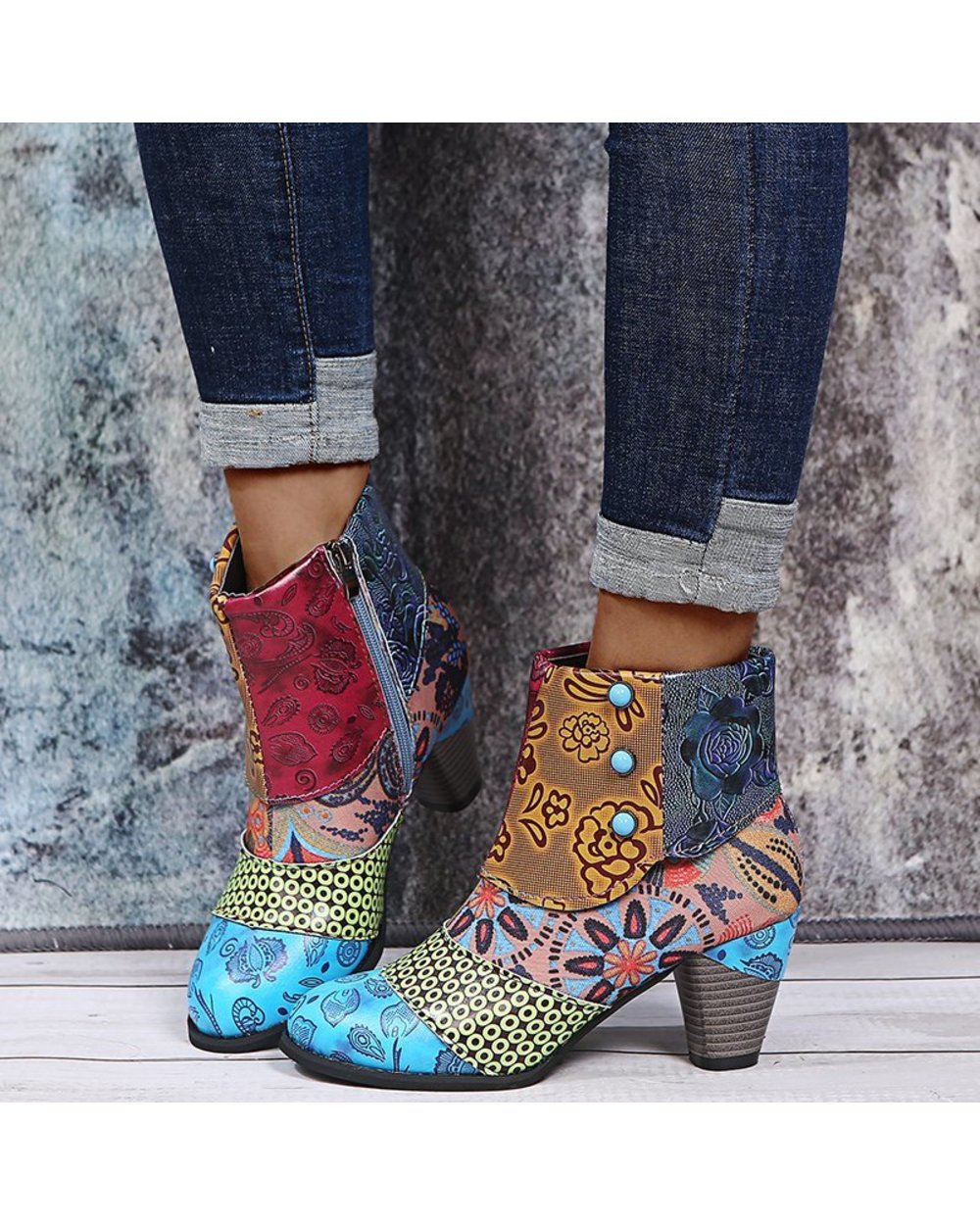 Bohemian Female Martin Boots Women Casual Retro Ethnic Wind Printing High Heels Shoes front-2