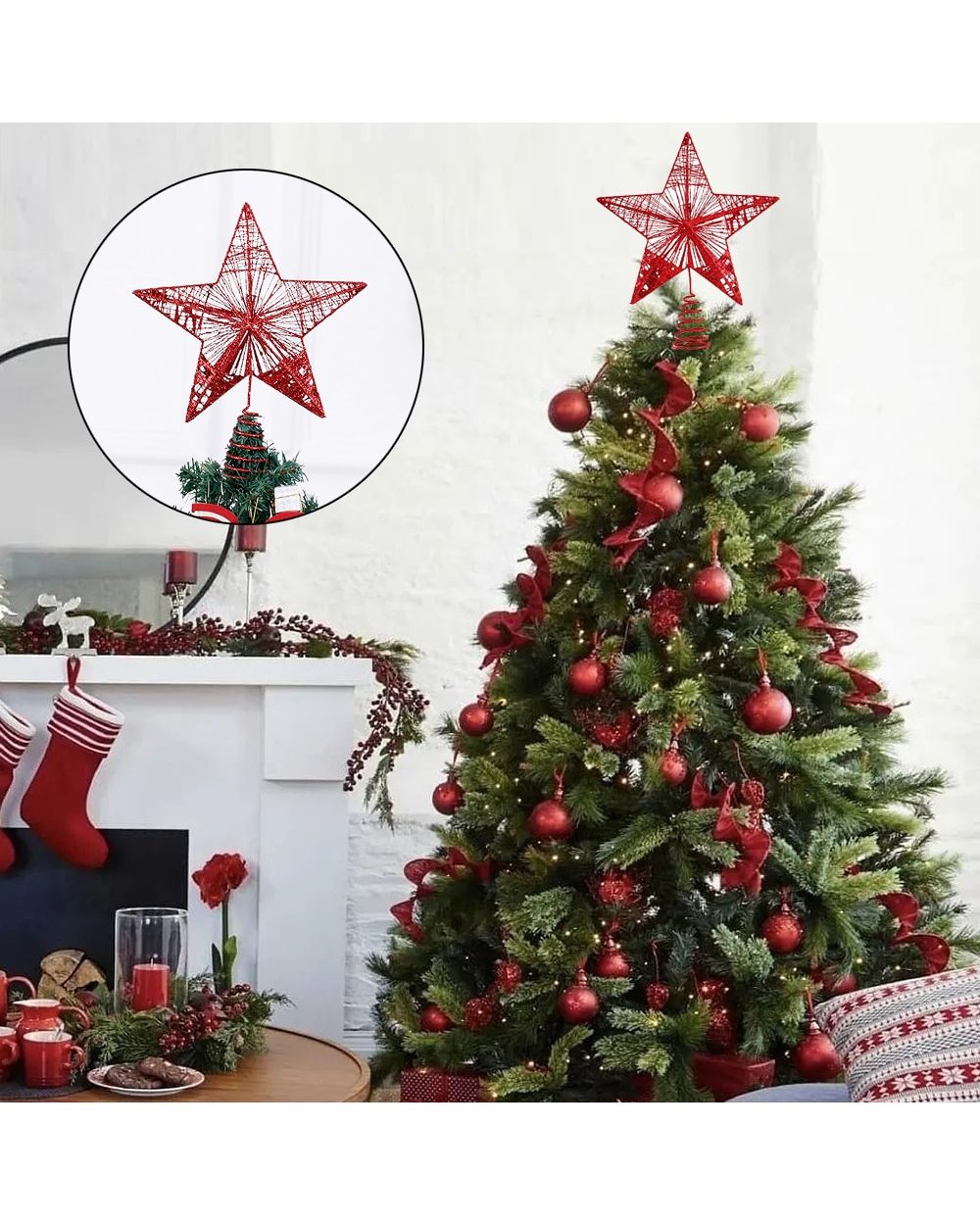 Glitter Christmas Tree Topper Five-Pointed Star Ornaments Xmas Tree Pine Cone Pentagram Topper Decor Navidad Home Party front-0