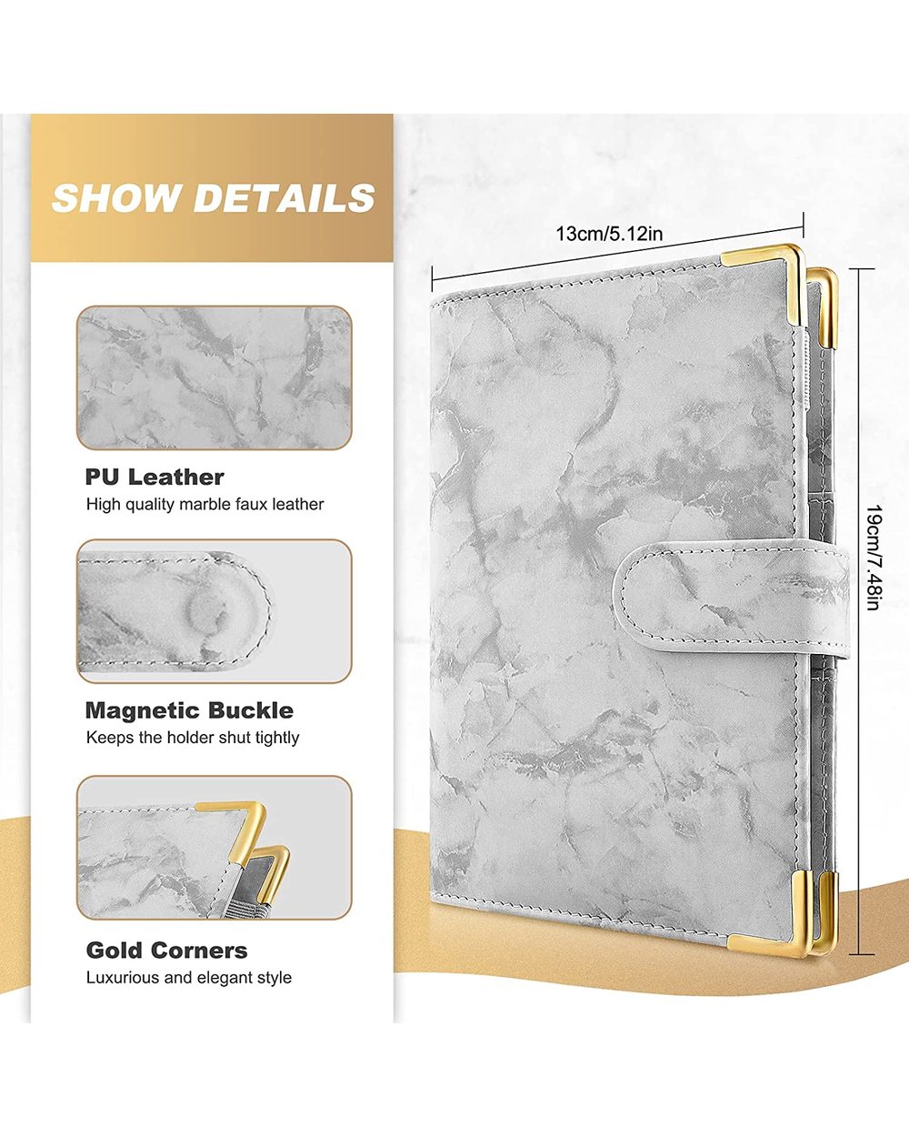 A6 Pu Leather Marble Notebook Binder Budget Planner Money Organizer For Cash Savings With 12 Zipper Envelope Pockets &A front-1
