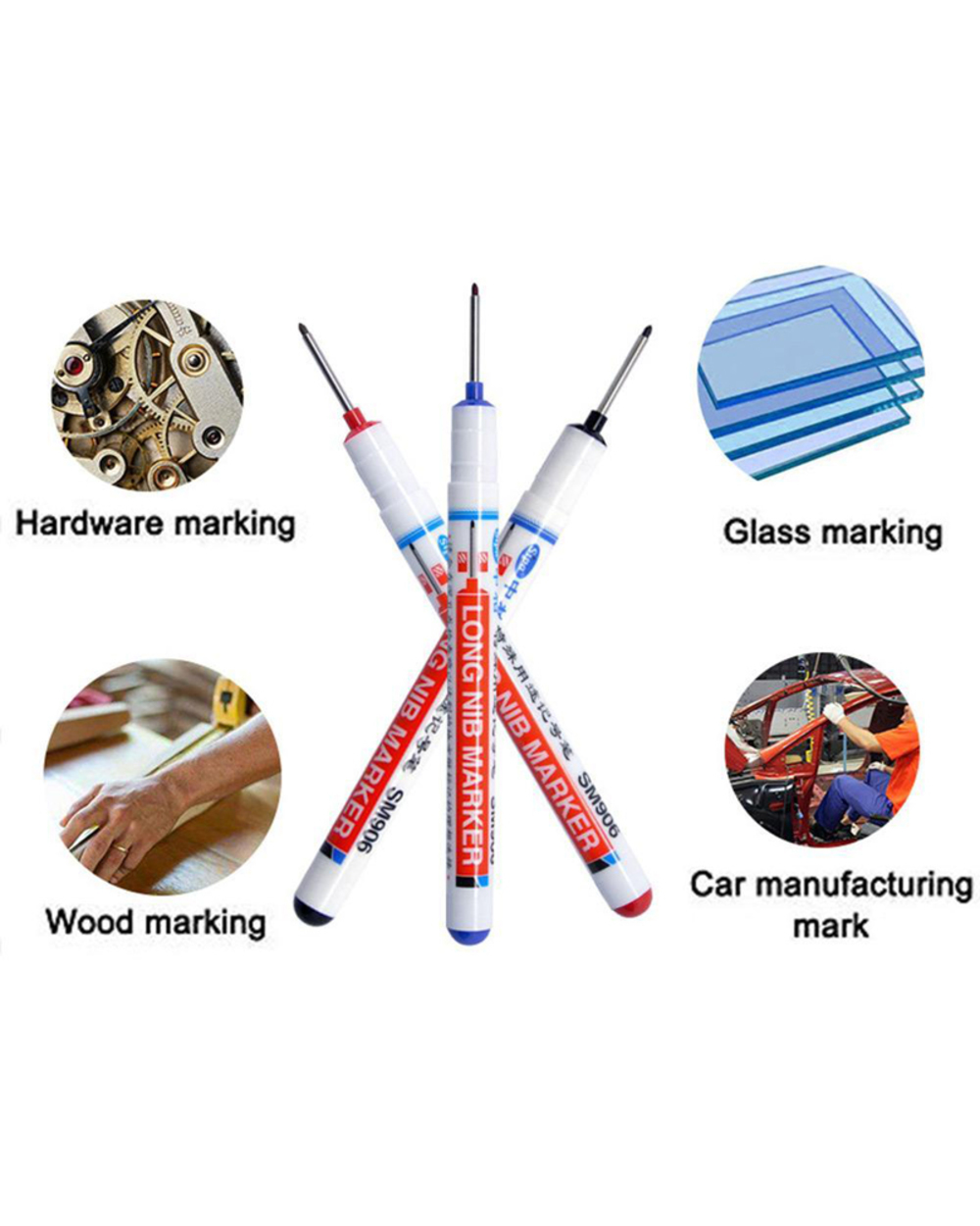 3Pcs/Set Long Heading Markers Pen Red/Black/Blue Ink For Bathroom Woodworking Decoration Multi-Purpose Deep Hole Marker front-2