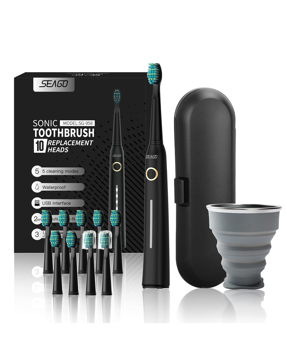 Seago Fast Rechargeable Sonic Toothbrush Electric Smart Automatic With Case Whitening Replacement Brush Head Adult Wate front-2