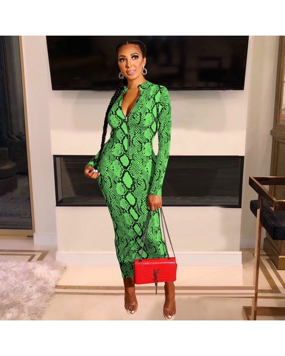 Echoine Sexy Snake Print Bodycon Long Dress Long Sleeve Zipper Women Autumn Evening Party Night Dress Vintage Vestidos front-2