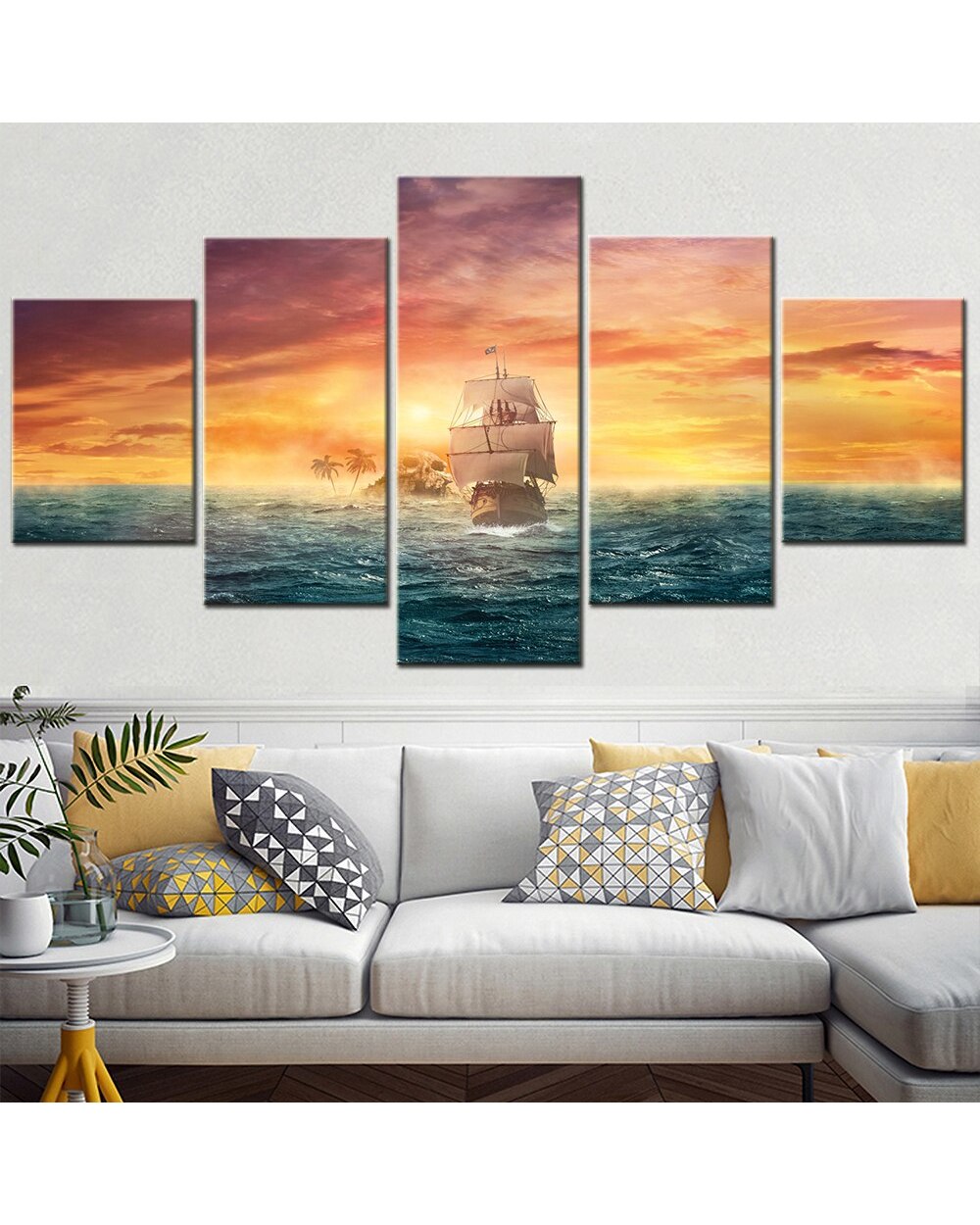 Seascape Sailboat Drifting Picture Print Scenery 5 Panel Canvas Art Wall Decor front-0