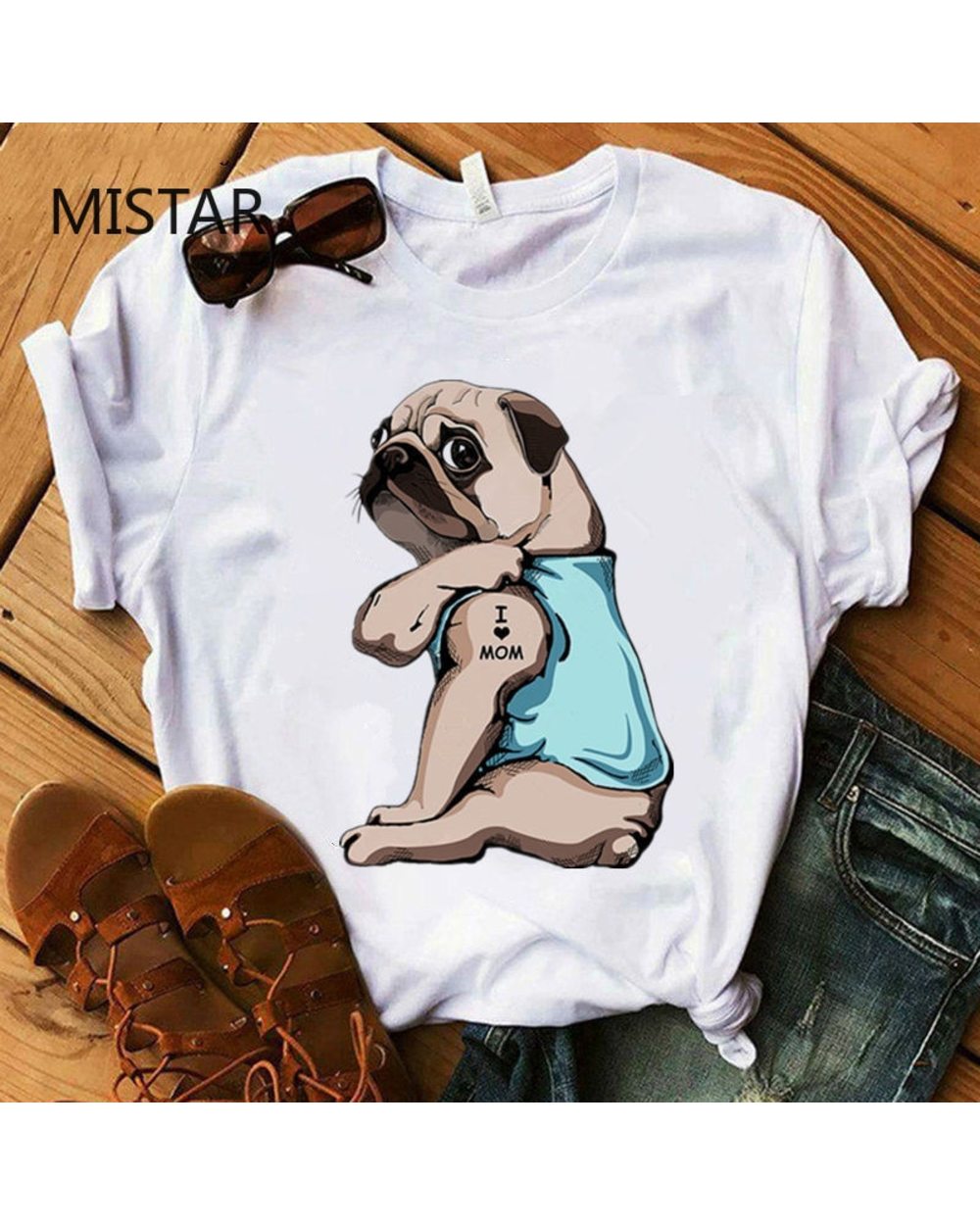 Pug I Love Mom Printing funny t shirt dog t-shirt short sleeve graphic tee women clothes front-0