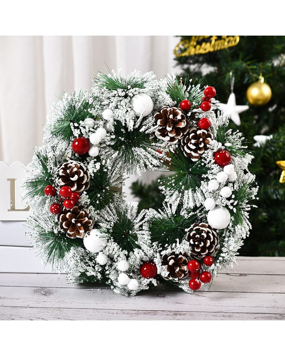 Christmas Wreath Artificial Pinecone Red Berry Garland Hanging Ornaments Front Door Wall Decorations Merry Christmas front-2