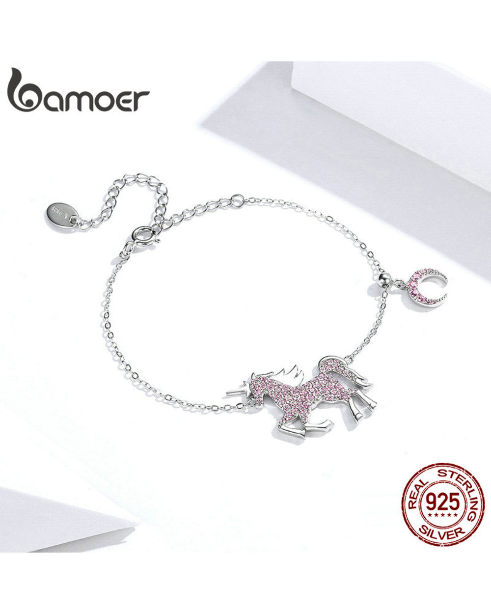 Horse Chain Bracelets bamoer Licorne Moon Sterling Silver Femme Pegasus Design Jewelry Pink front-1