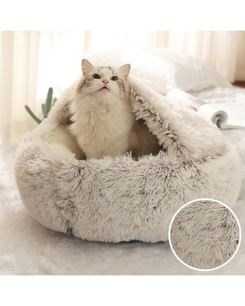 Winter Long Plush Pet Cat Bed Round Cat Cushion Cat House 2 In 1 Warm Cat Basket Cat Sleep Bag Cat Nest Kennel front-2