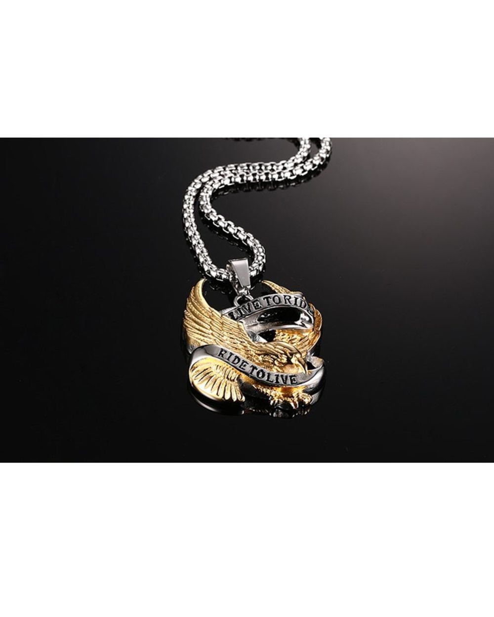 Eagle Necklace Pendant for Men Stainless Steel Metal LIVE TO RIDE Punk Jewelry front-2
