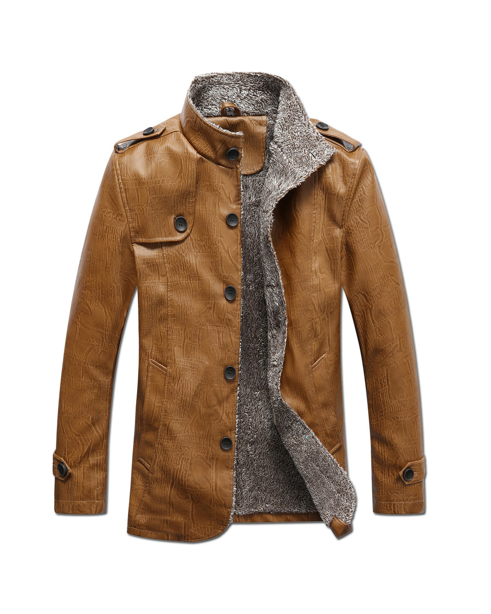 Men Solid Long Sleeve Faux PU Leather Coat front-5