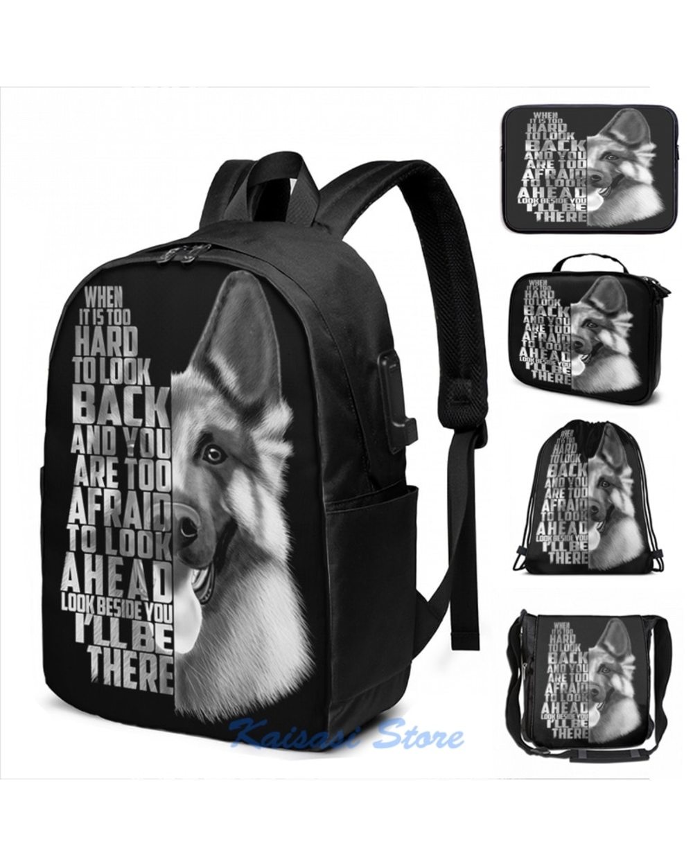 German Shepherd Quote,German Shepherd Black and white USB Charge Backpack School bags Travel laptop bag front-0
