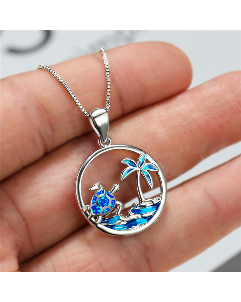 Bohemian Blue Opal Pendant For Women Silver Color Chain Necklace For Women Beach Hollow Turtle Pendant Wedding Necklace front-0