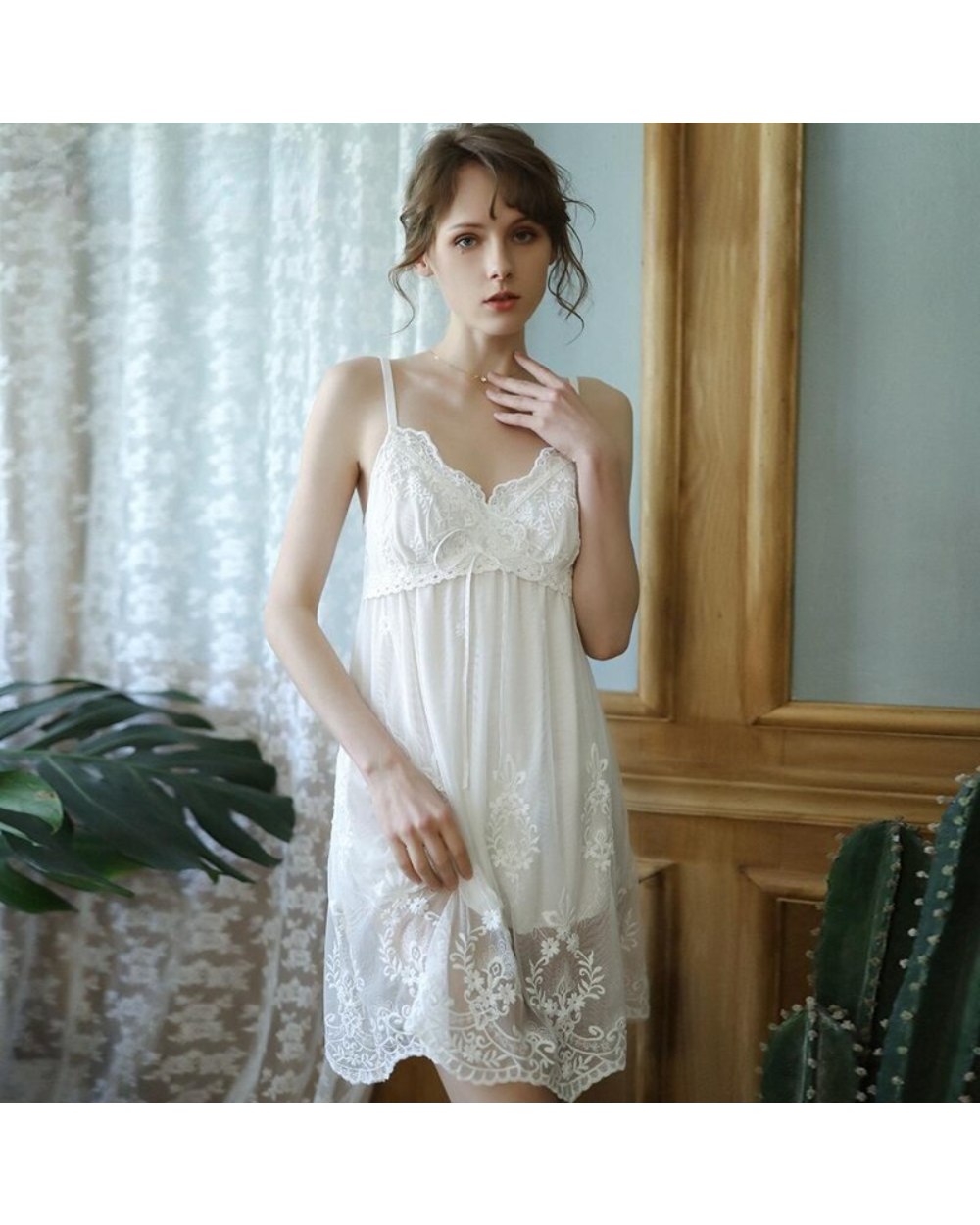 Sexy Night Gown And Robe Sets Women White Lace Tulle Sleepwear Victorian Night Dress Fairy Lounge Wear front-2