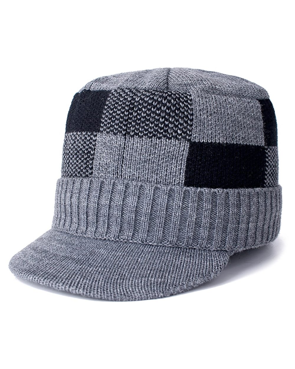 New Men Warm Winter Hat With Brim Stylish Add Fur Lined Soft Beanie Hat Lattice Design Thick Winter Hats For Men Knitte front-4