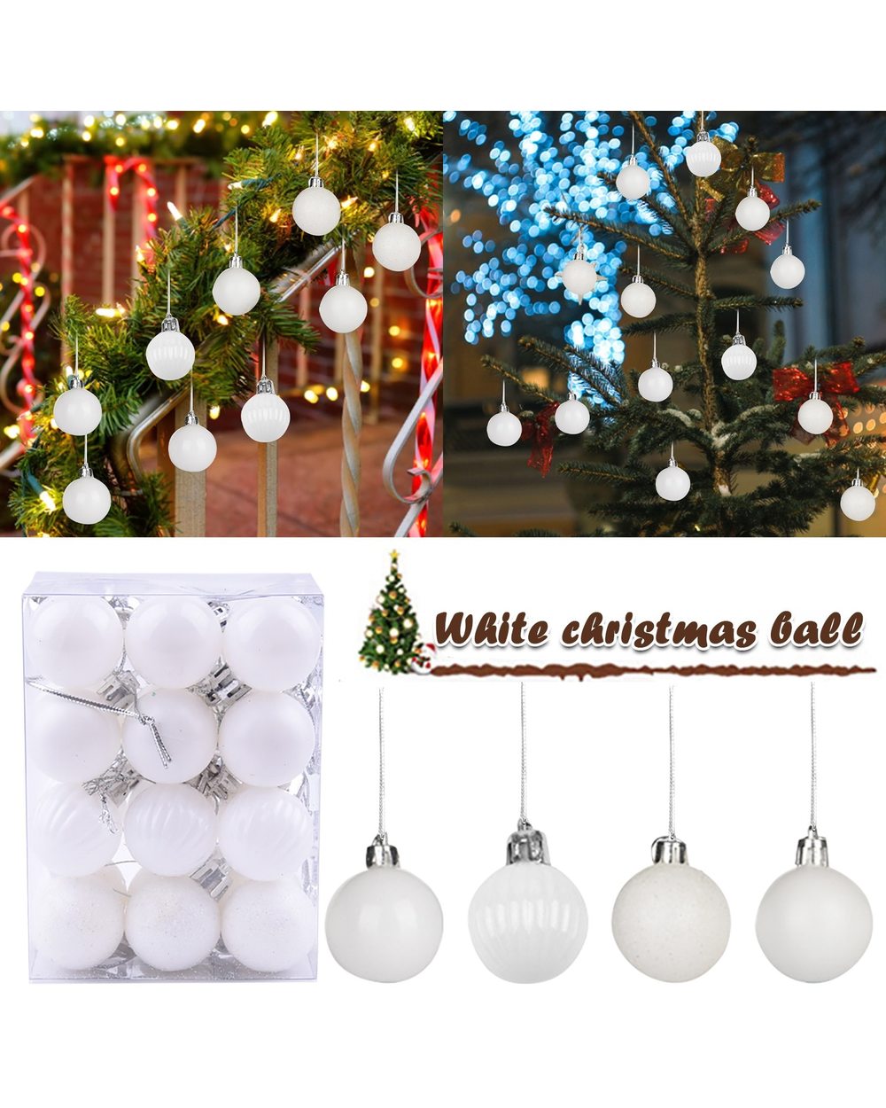 48 Pieces Plastic Christmas Balls Xmas Tree Hanging Decoration White Christmas Balls Pendant For Holiday Xmas Decor front-0
