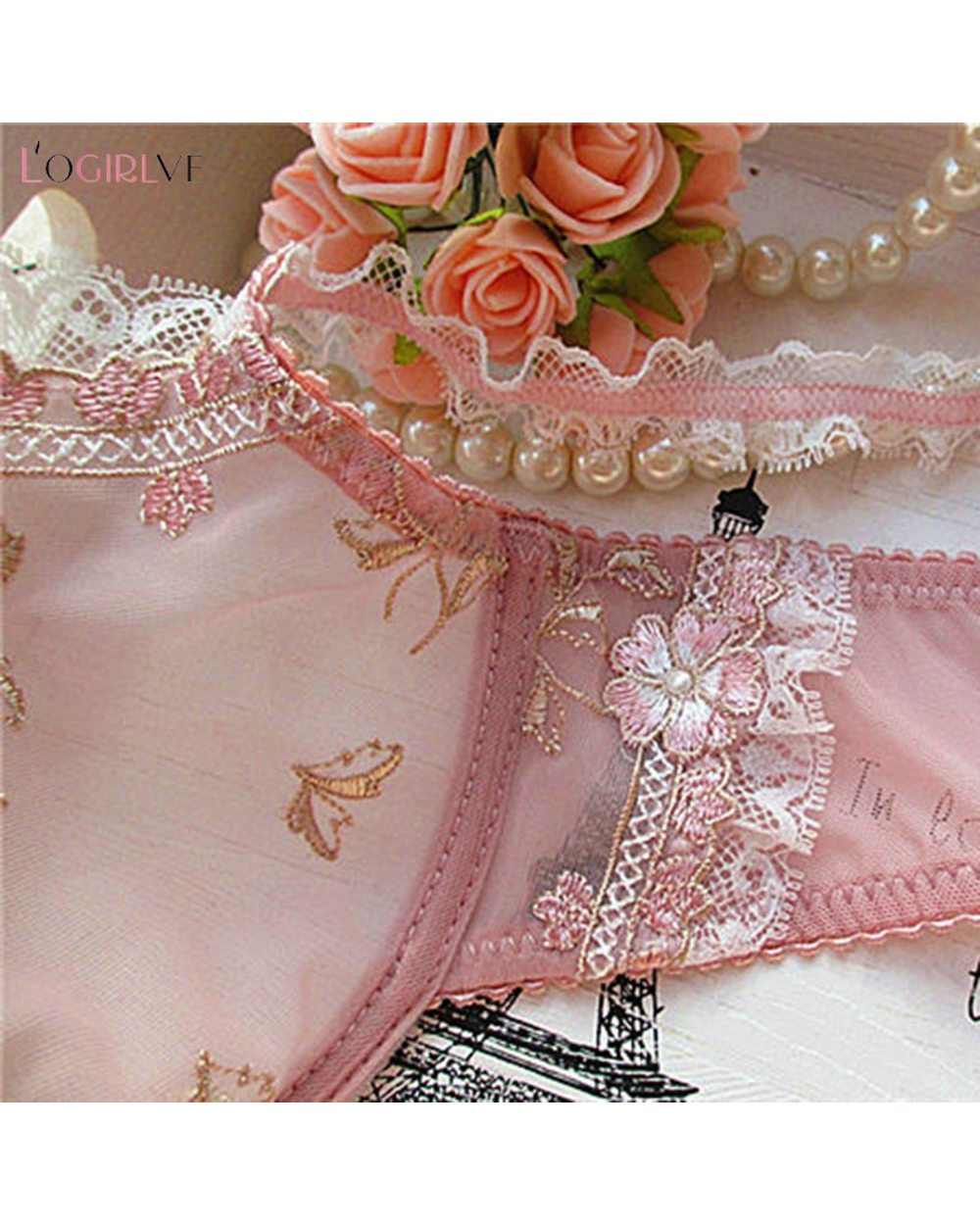 Exquisite embroidery lotus pink ultra-thin women's sexy transparent lace underwear bra set front-4