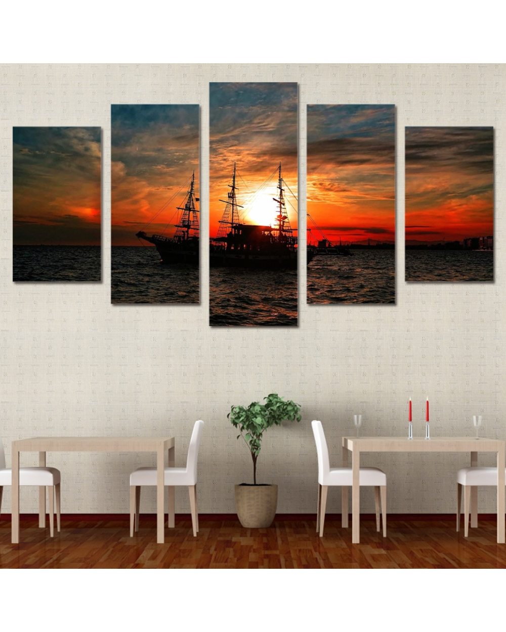 Seascape Ocean Boat in Sunset Clouds Picture Print Nature 5 Panel Canvas Art Wall Decor front-0