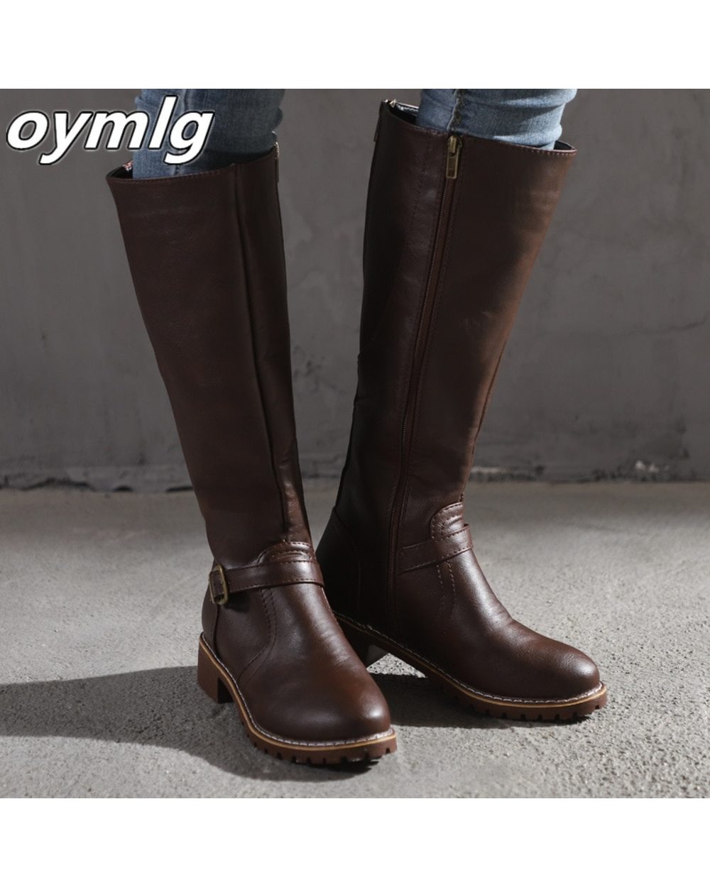 Women Vintage Leather Square Heel Zipper Knee Height Buckle Boot front-3
