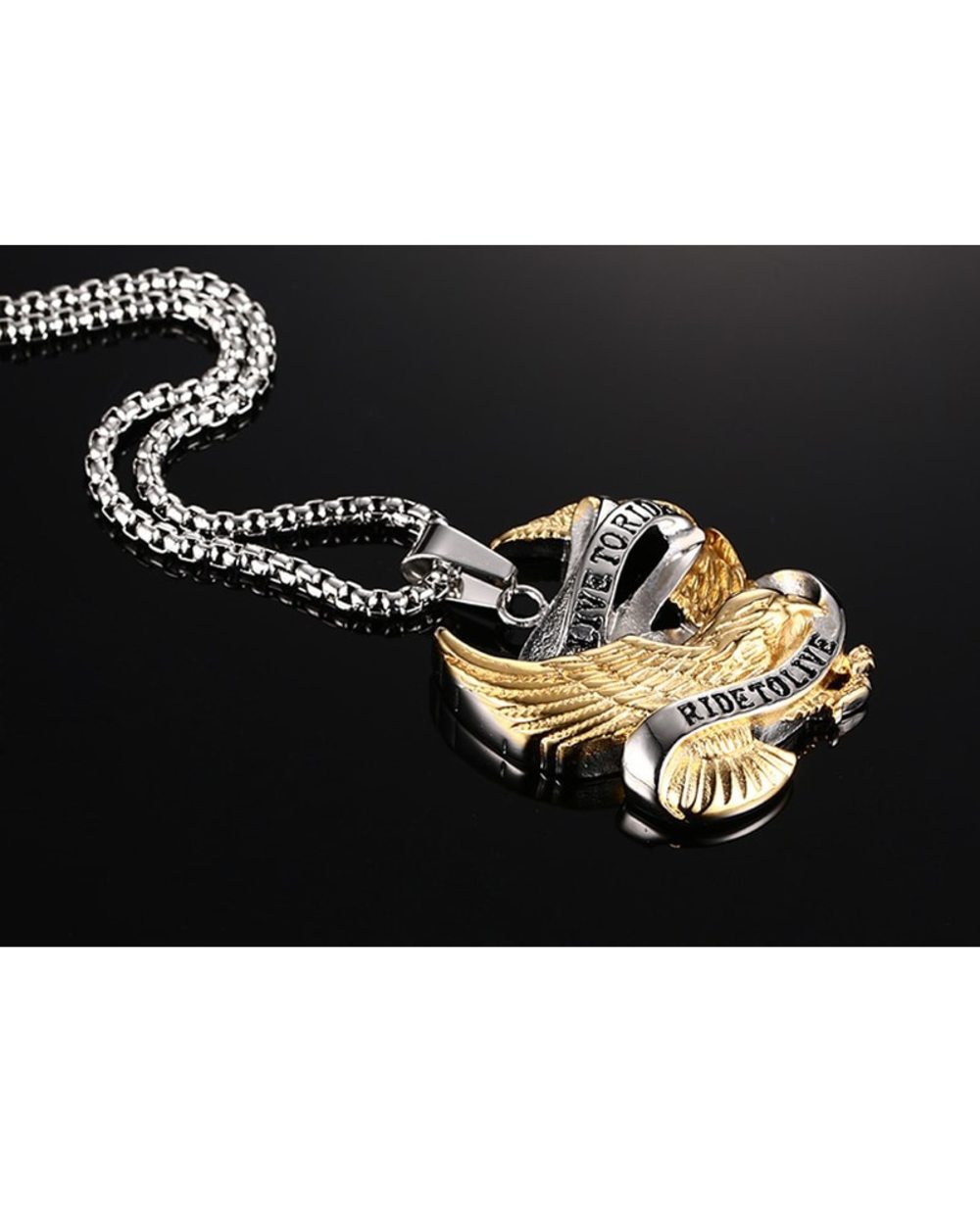 Eagle Necklace Pendant for Men Stainless Steel Metal LIVE TO RIDE Punk Jewelry front-1
